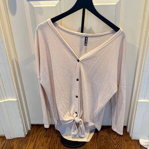 Tie-Front Waffle Knit Blouse in Light Pink